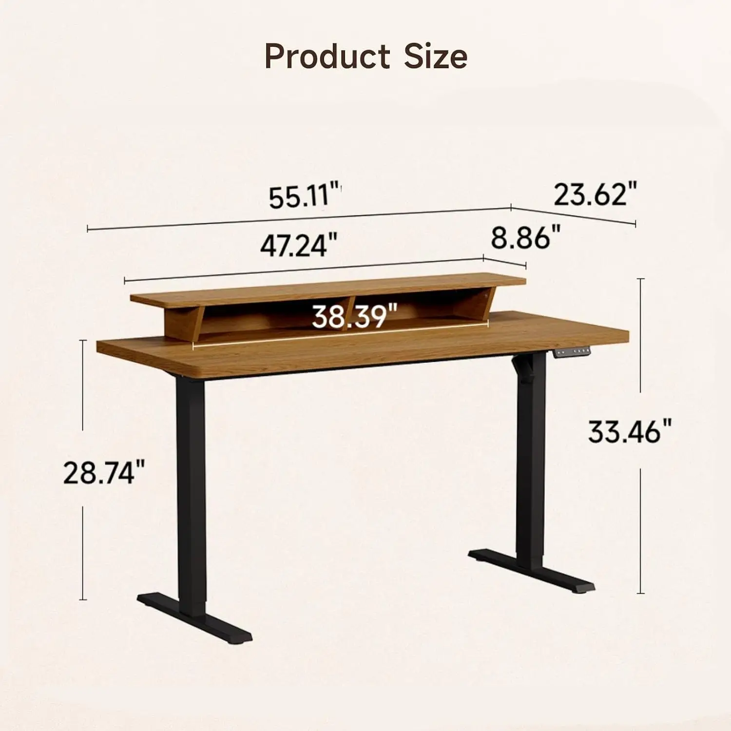 Standing Desk With Adjustable Monitor Shelf 55x24 Inch Oak, Customized