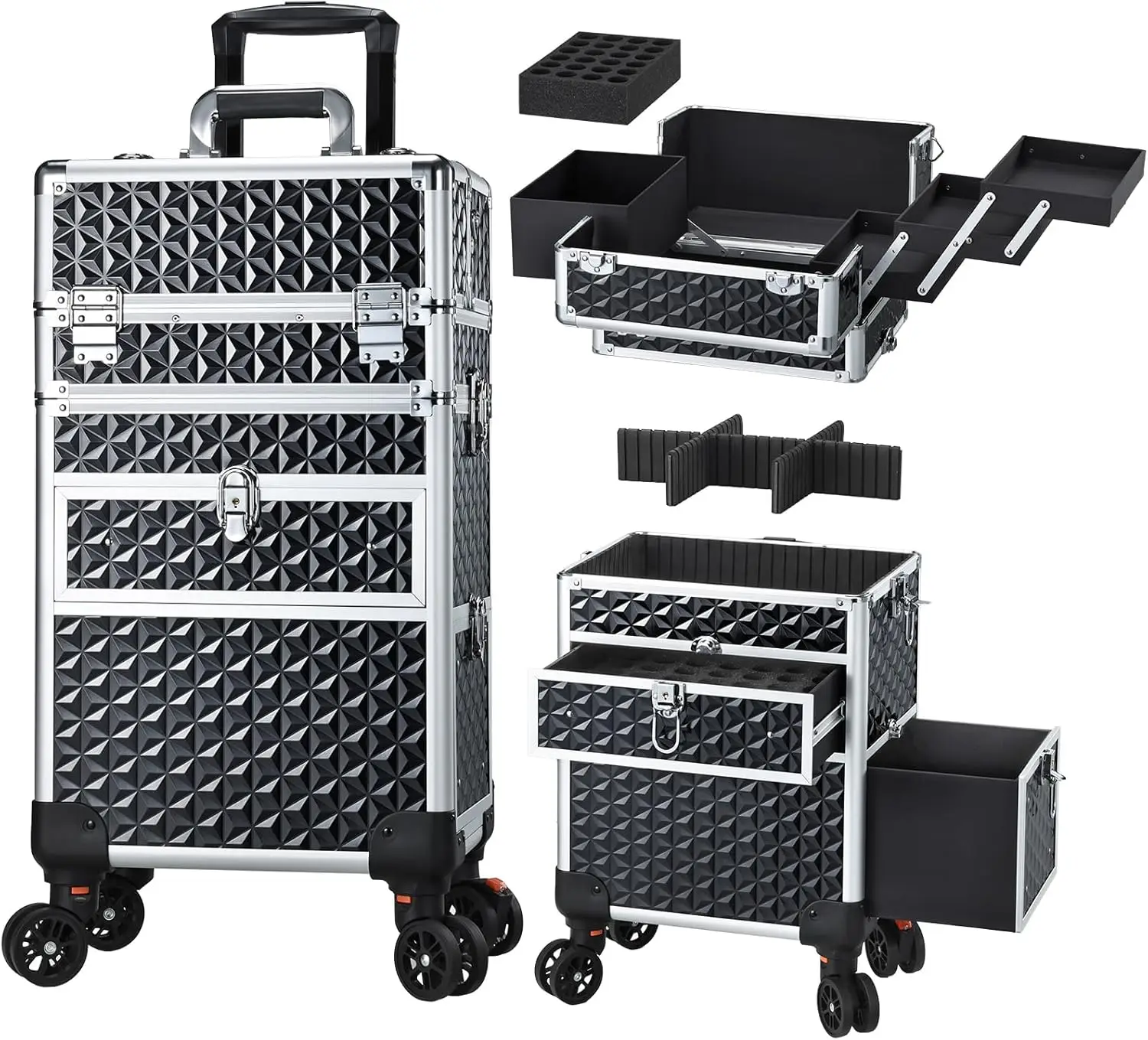 

Large Rolling Makeup Case with Adjustable Compartments, Detachable Drawer, and Foot-Brake Wheels for Professional Use