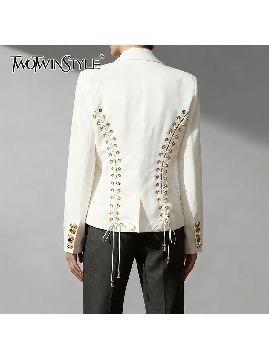 

TWOTWINSTYLE Solid Slimming Spliced Lace Up Fashion Blazers for Women Lapel Long Sleeves Patchwork Buttons Elegant Blazer Female
