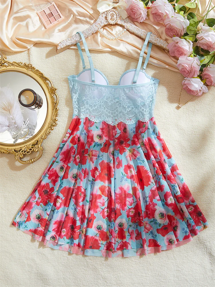 Women Sexy Nightgown Floral Print Pajamas Dress Lace Splicing Nightwear Sleeveless Night Dress Home Wear Baby Doll Sexy Lingerie