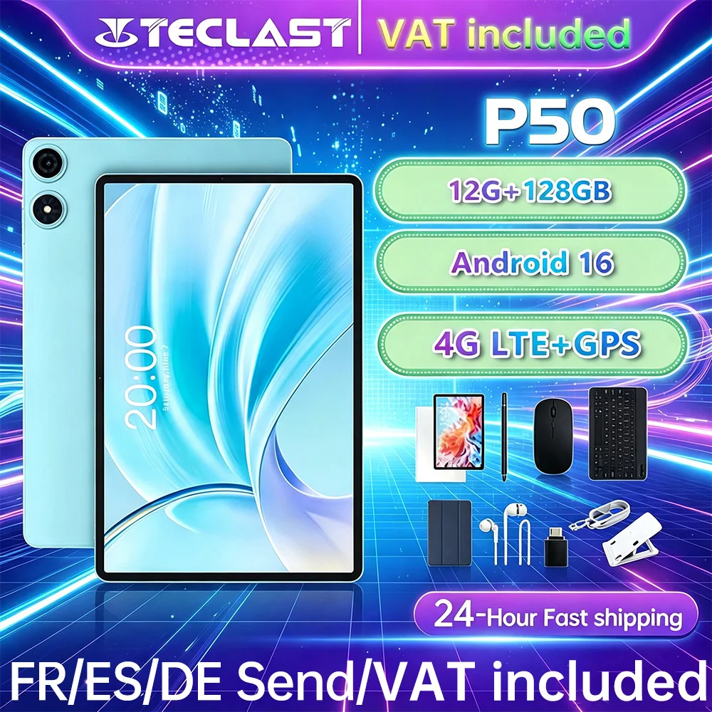 Tablette Teclast P50 2026 Android 15 8 cœurs T606 4 Go RAM 128 Go ROM 1280x800 pixels IPS Bluetooth 5 mAh Type-C 8MP+5MP Wi-Fi TLA002