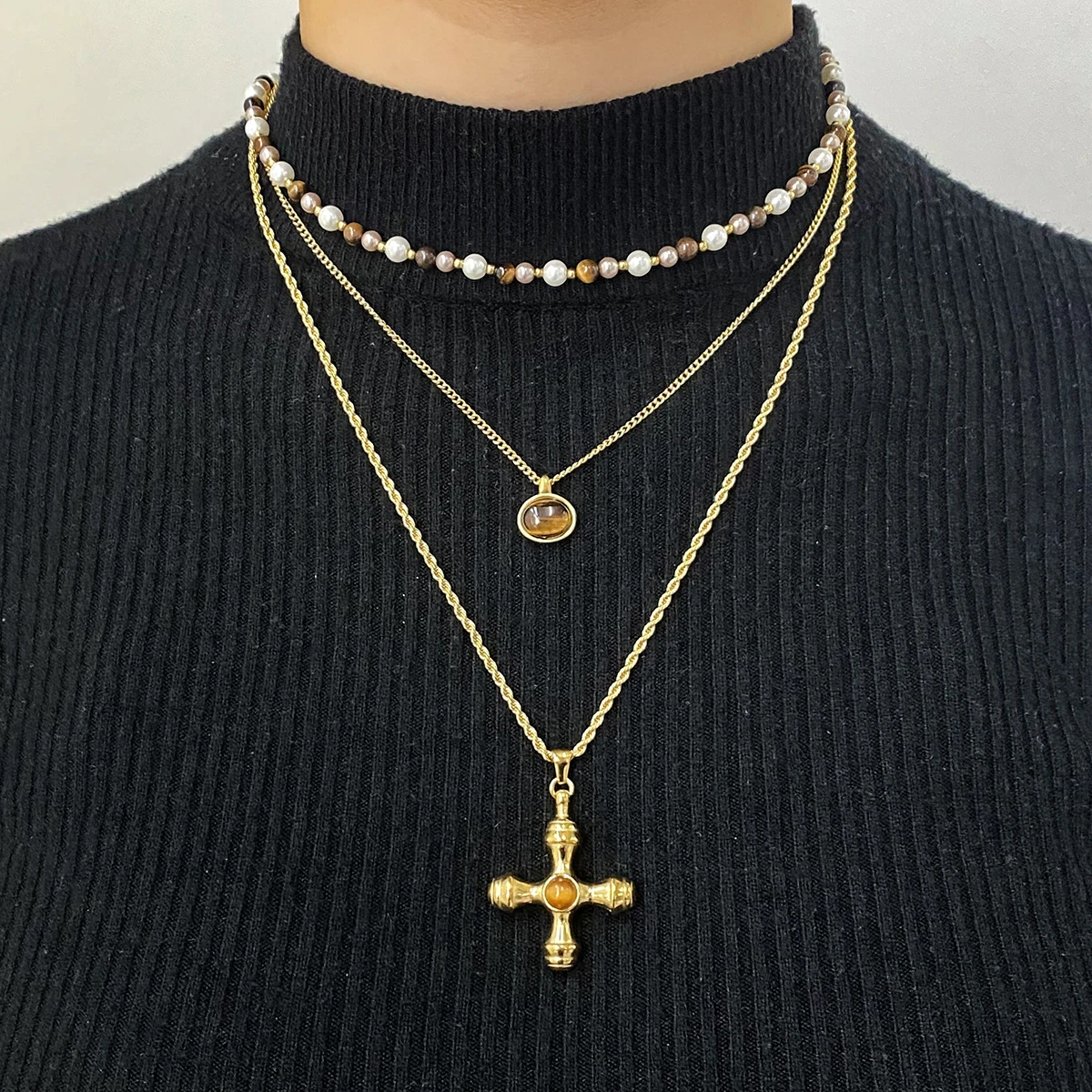 Uworld Brown Cross Pendant Necklace Alien Bead Chain Stackable Necklace Party Women's Jewelry Gift for Her