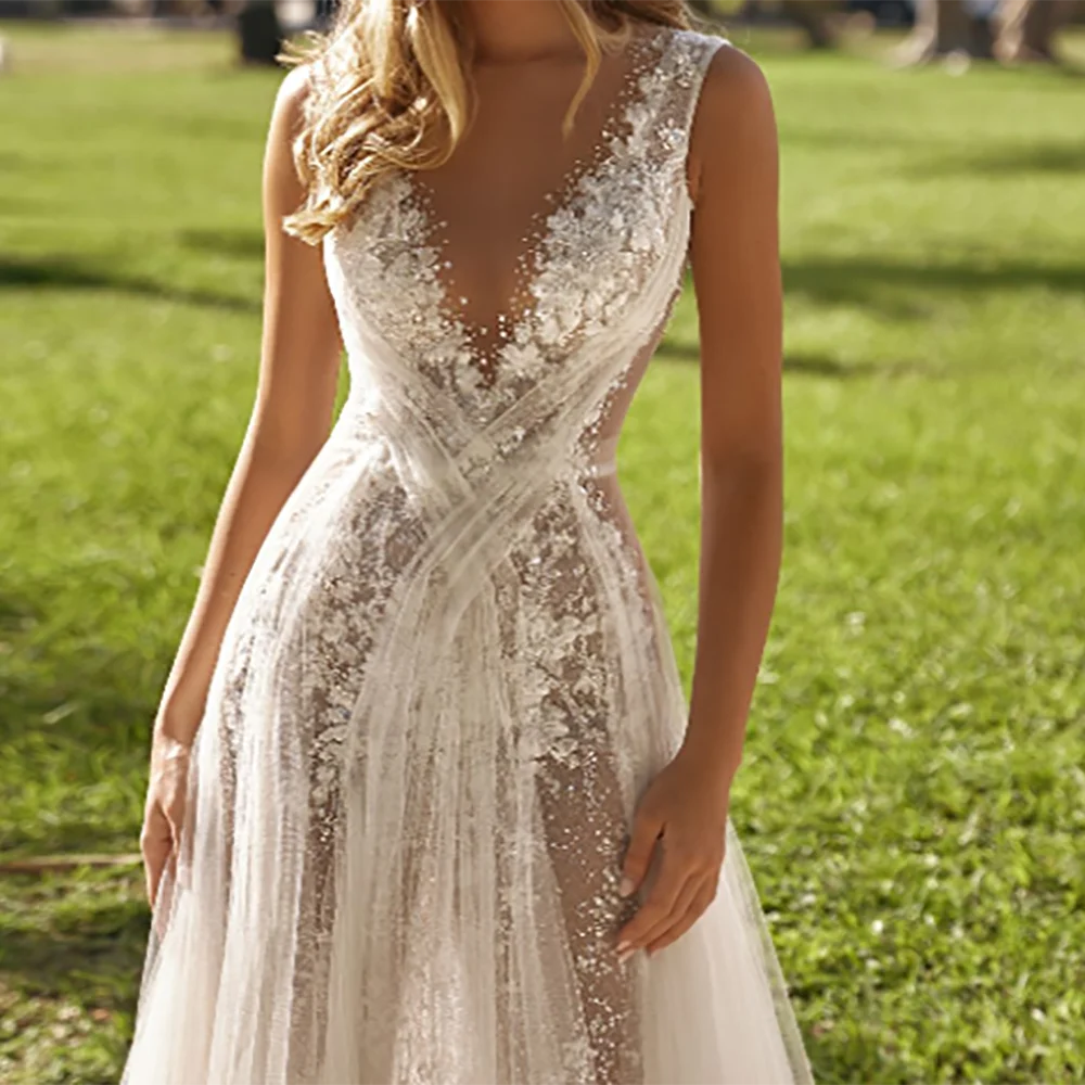 Abiti da sposa da sposa di lusso con scollo a V increspato con paillettes senza maniche pieghe a-line abiti da sposa personalizzati