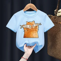 Cute Cartoon Cat Print Red Kid t-shirt bambini Baby Black Harajuku Kawaii Clothes Boy Girl top Gift Present ,Drop Ship