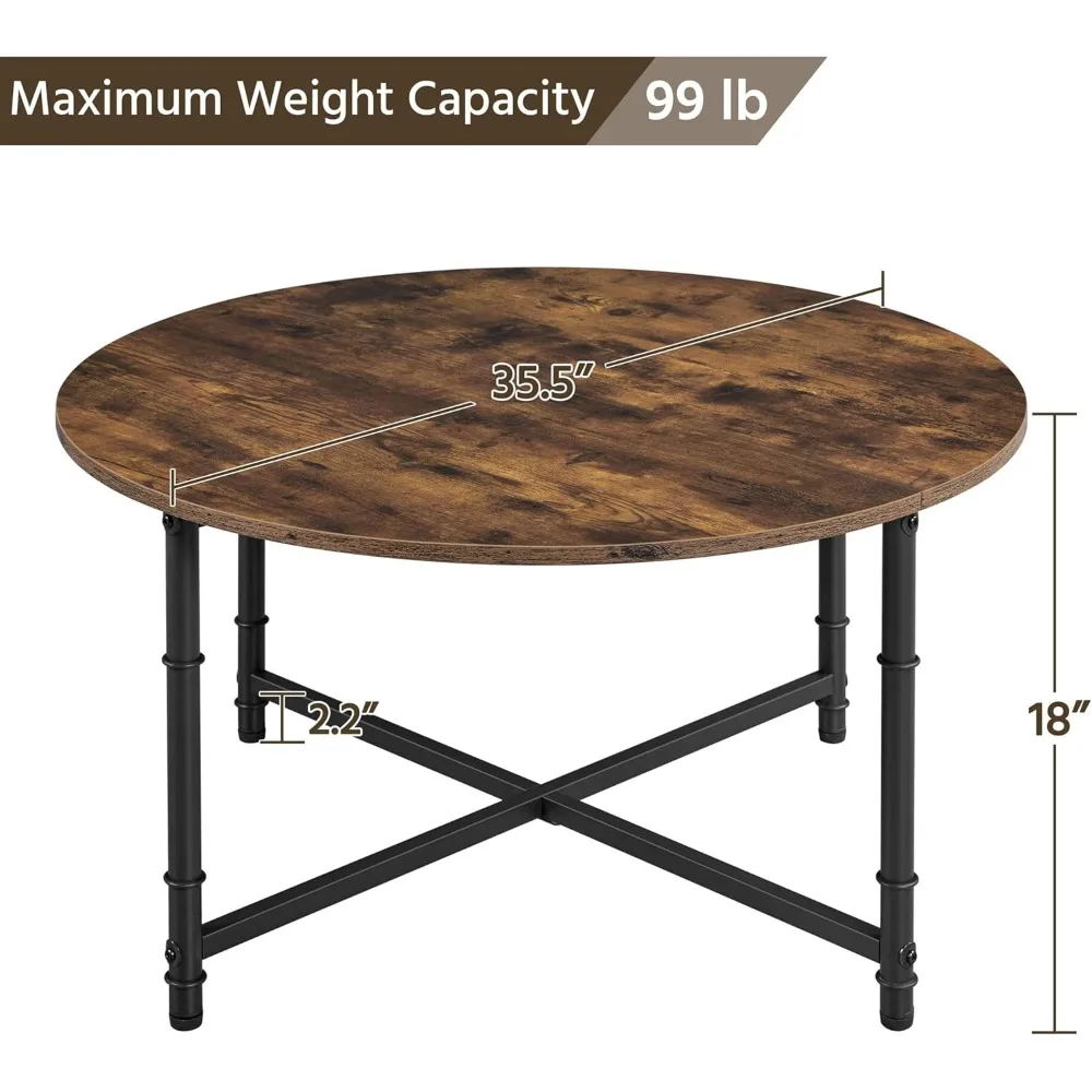 Rustic Circle Coffee Table with Modern Metal Legs for Living Room