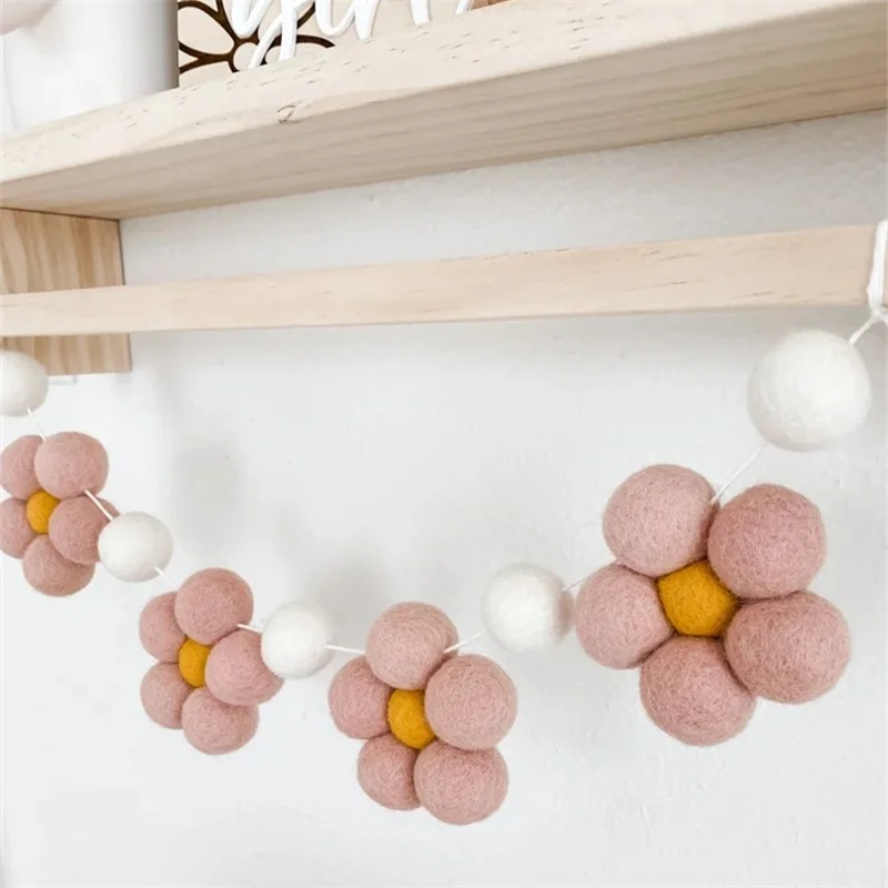 Boho  Handmade Wool Felt Daisy Flower Garlands Kids Room Wall Haninging Decoration Pennant Baby Shower Party Banner Photo Props