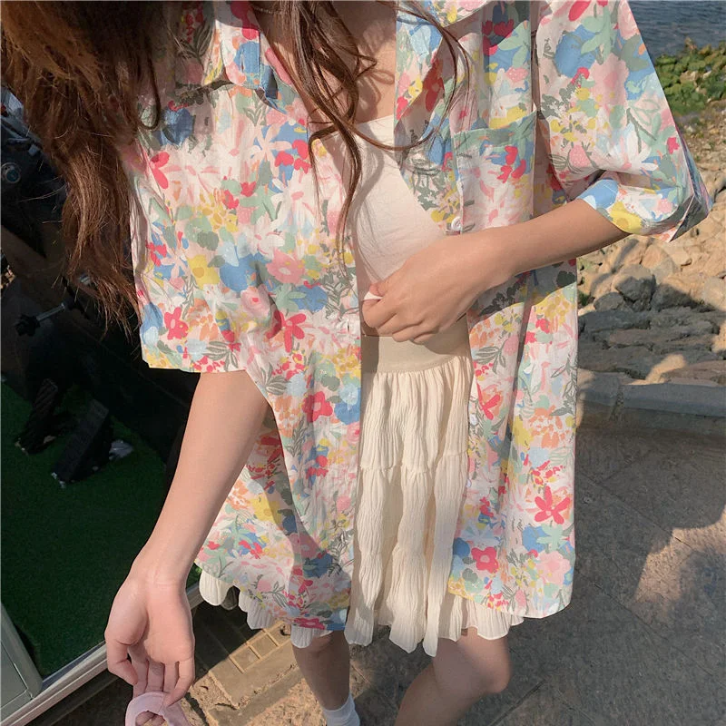 Loose Shirts Women Boyfriend Chic Summer Beach Style Vintage Floral Harajuku Personality Short-sleeve Holiday Leisure Retro Tops