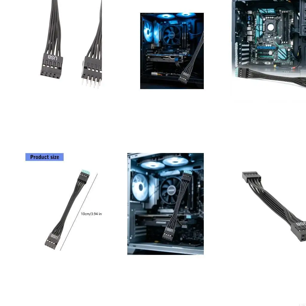 Front Panel USB Header Extension Cable, 10cm Black Ribbon 9-Pin Male to Female Wire for Internal Desktop Case Routing and Header