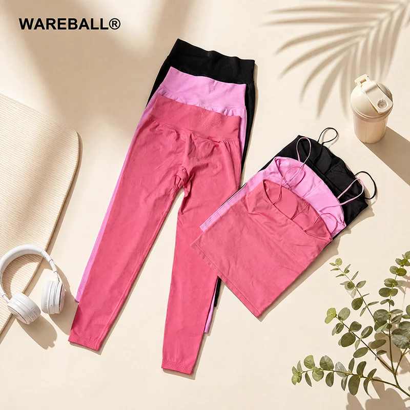 WAREBALL Ladies Yoga Workout 2‑Piece Sportswear, Longline Strappy Top & Soft High Elastic Leggings for Gym Daily Exercise
