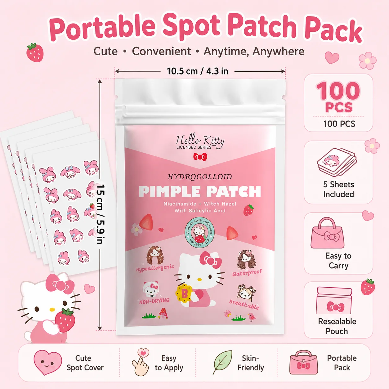 100PCS hello kitty Acne patches, facial acne patches, hydrogel acne removal patches, concealer