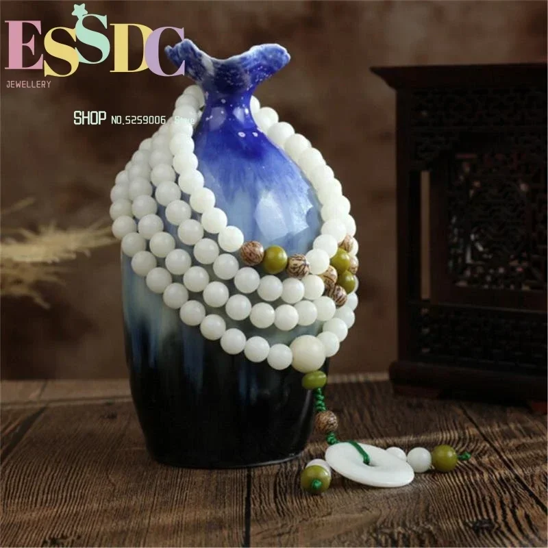 Tibetan Natural White Bodhi Beads 108 Mala Bracelets with Safety Button Pendant Women's Yoga Necklace Jewelry Wholesale