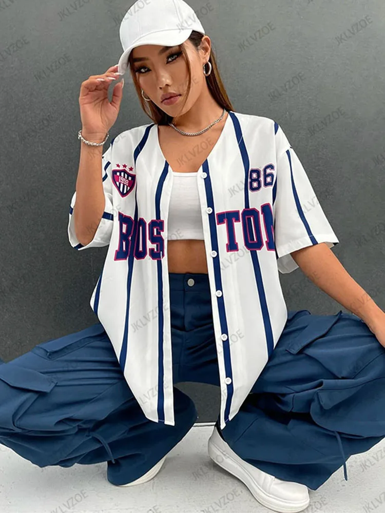 2025 Summer New Boston Printed Oversize Blouse Women Streetwear Baseball Shirt Cool Hip Hop America Half Sleeve Button Up Tops