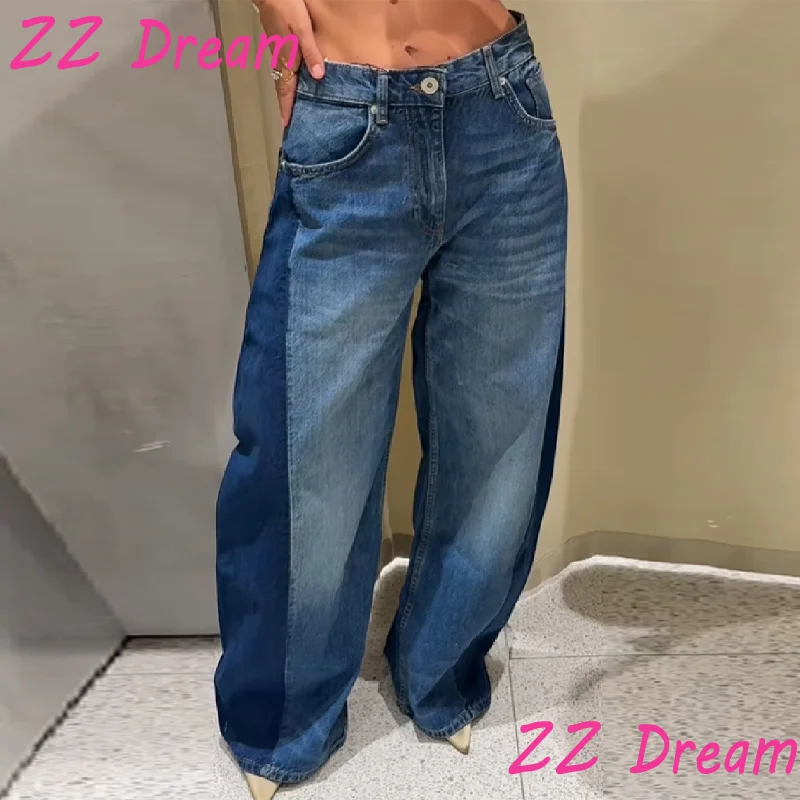 Pantalones elegantes para mujer Y2K, pantalones vaqueros con contraste de retazos laterales, pantalones con bolsillos de pierna ancha de cintura alta, pantalón informal de calle alta para otoño 2025
