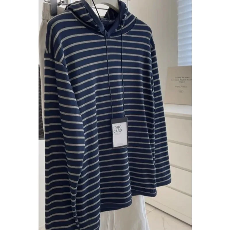 College Style Striped Hooded Sweatshirt Women's Early Autumn New Retro Long Sleeve