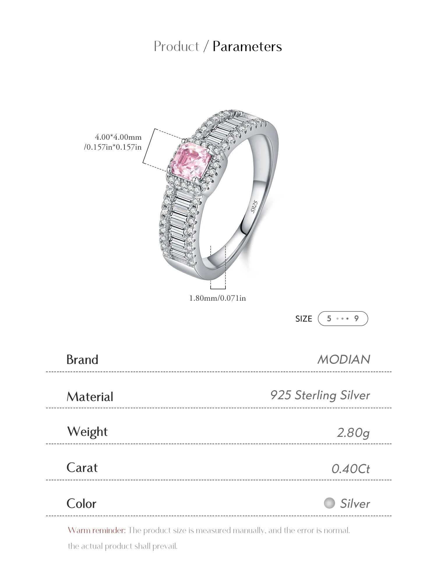 MODIAN 0.4CT Light Pink Moissanite Ring 925 Sterling Silver Luxury Asscher Cut Lab Diamond Finger Ring For Women Fine Jewelry