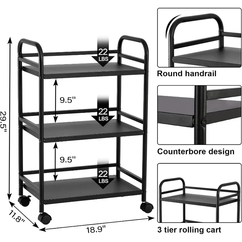 3 Tier Rolling Cart,Storage Organizer Cart,Multifunctional Storage Shelves,Rolling Metal Organization Cart with Handle