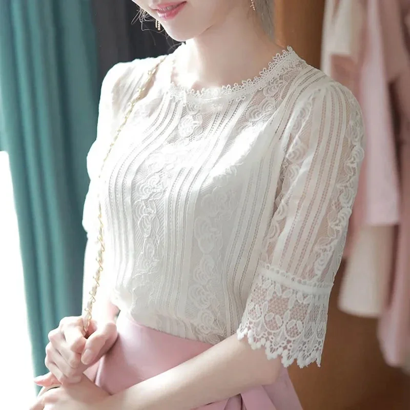 Sexy Summer Lace Blouses Women 2024 Korean Fashion Clothes Casual Blusas Femininas Slim Chiffon Shirts See Through Ladies Tops