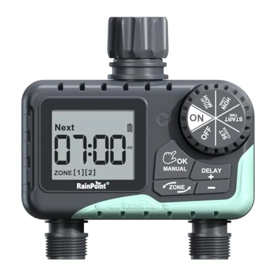 

Water Timer for Garden Hose - 2 Zone Sprinkler Timer with Rain Delay/Manual Watering/Automatic Irrigation for Yard Lawn