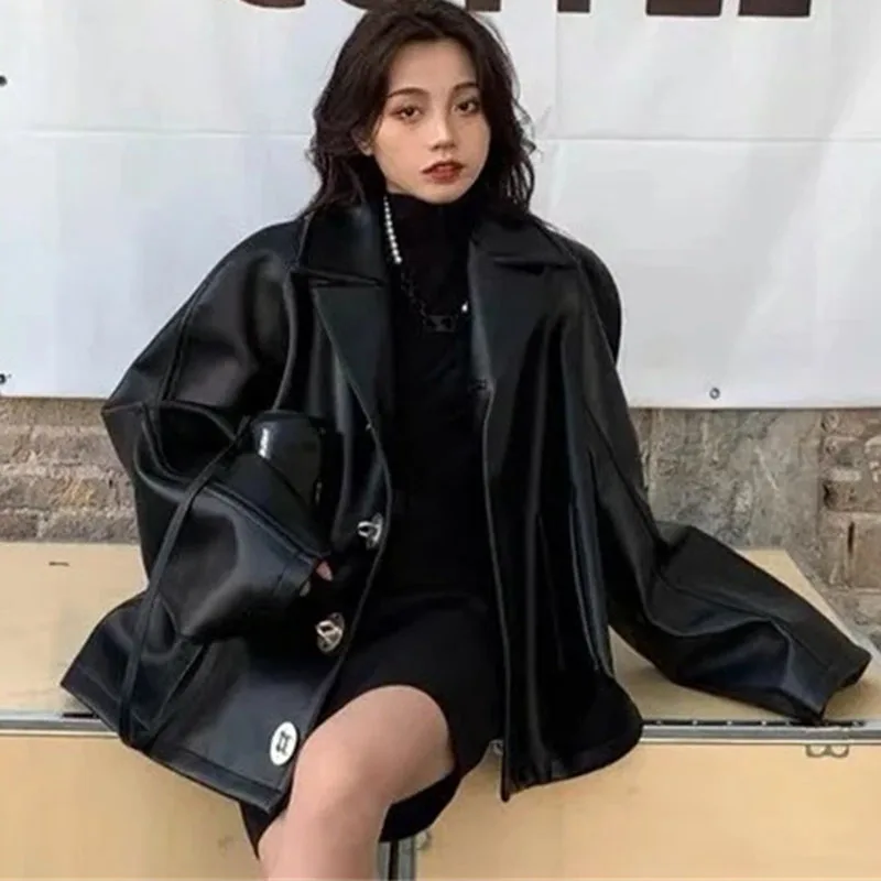 2025 Women Long Sleeves Leather Jacket Korean Lady Fashion PU Leather Outwear Spring Autumn Femme Solid Color Faux Leather Coat