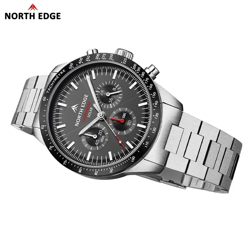 NORTH EDGE LONGWINGS Men Solar Powered Pilot Quartz Watch, 316 Full Stainless Steel Case, 50M Waterproof, Stopwatch, Luminous