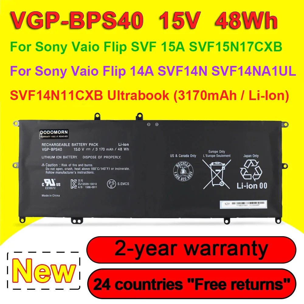 VGP-BPS40 Laptop Battery For Sony Vaio Flip 14A SVF14N SVF14NA1UL SVF 15A SVF15N17CXB SVF15N28PXB Series BPS40 15V 48Wh 3170mAh