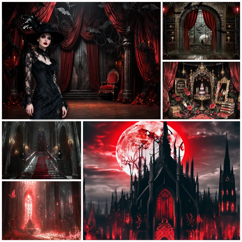 

Black Elegant Gothic Court Style Backdrop Dark Room Red Sky Photography Background Skull Vampire Magic Horror Party Decoration