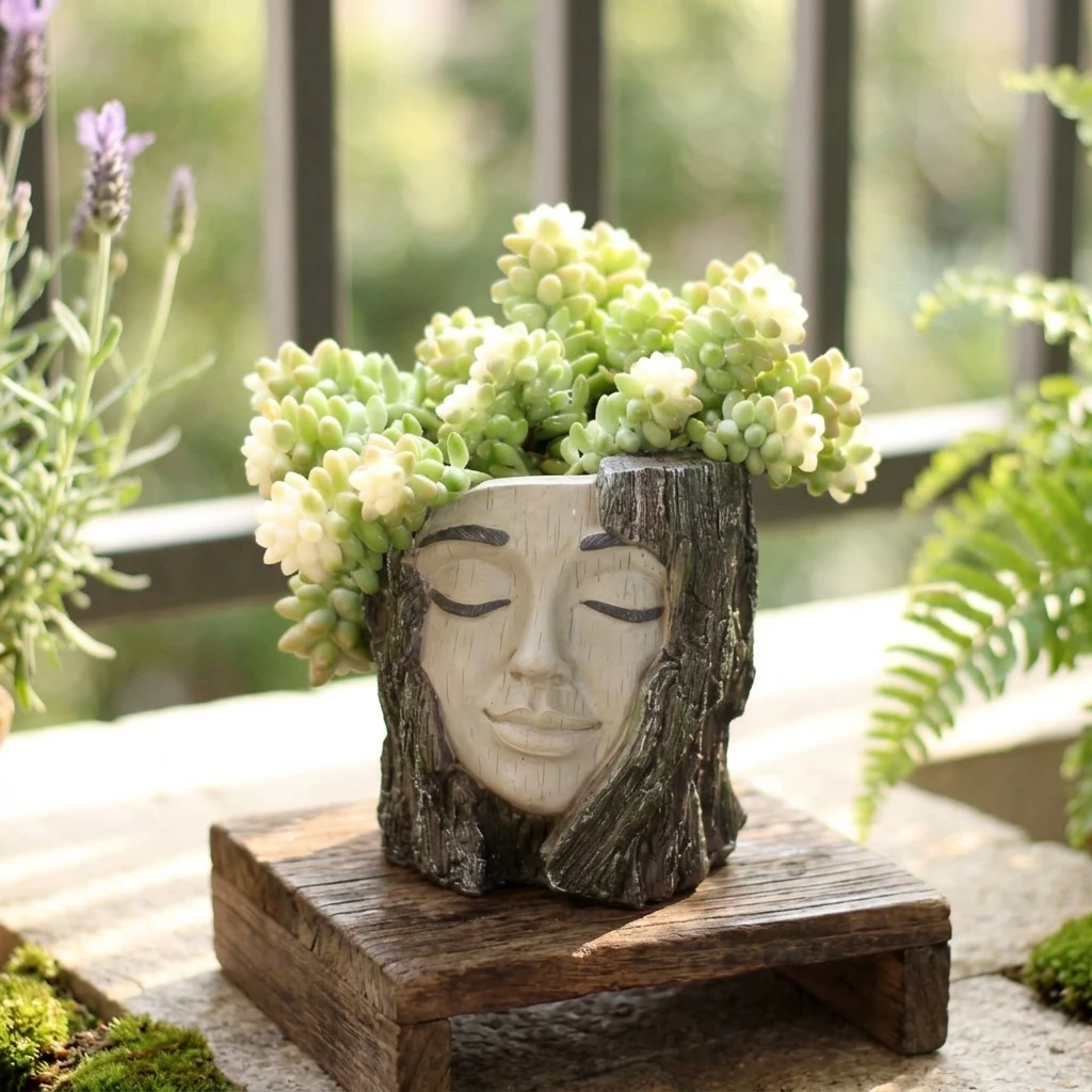 Resin Bark Face Planter Pot for Outdoor Garden Decoration Waterproof and Sunproof