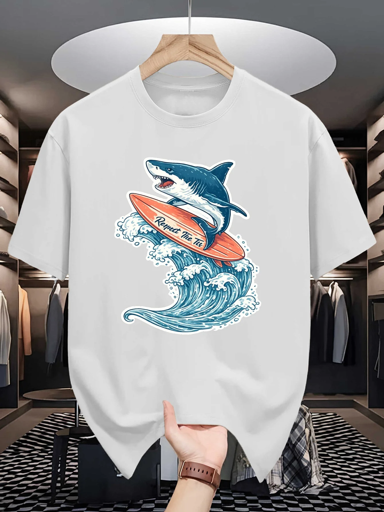 Vintage Surf Shark Surfboard Ocean Wave Graphic Mens Crew Neck T Shirt Beach Print Short Sleeve Casual Cotton Daily Street Tops