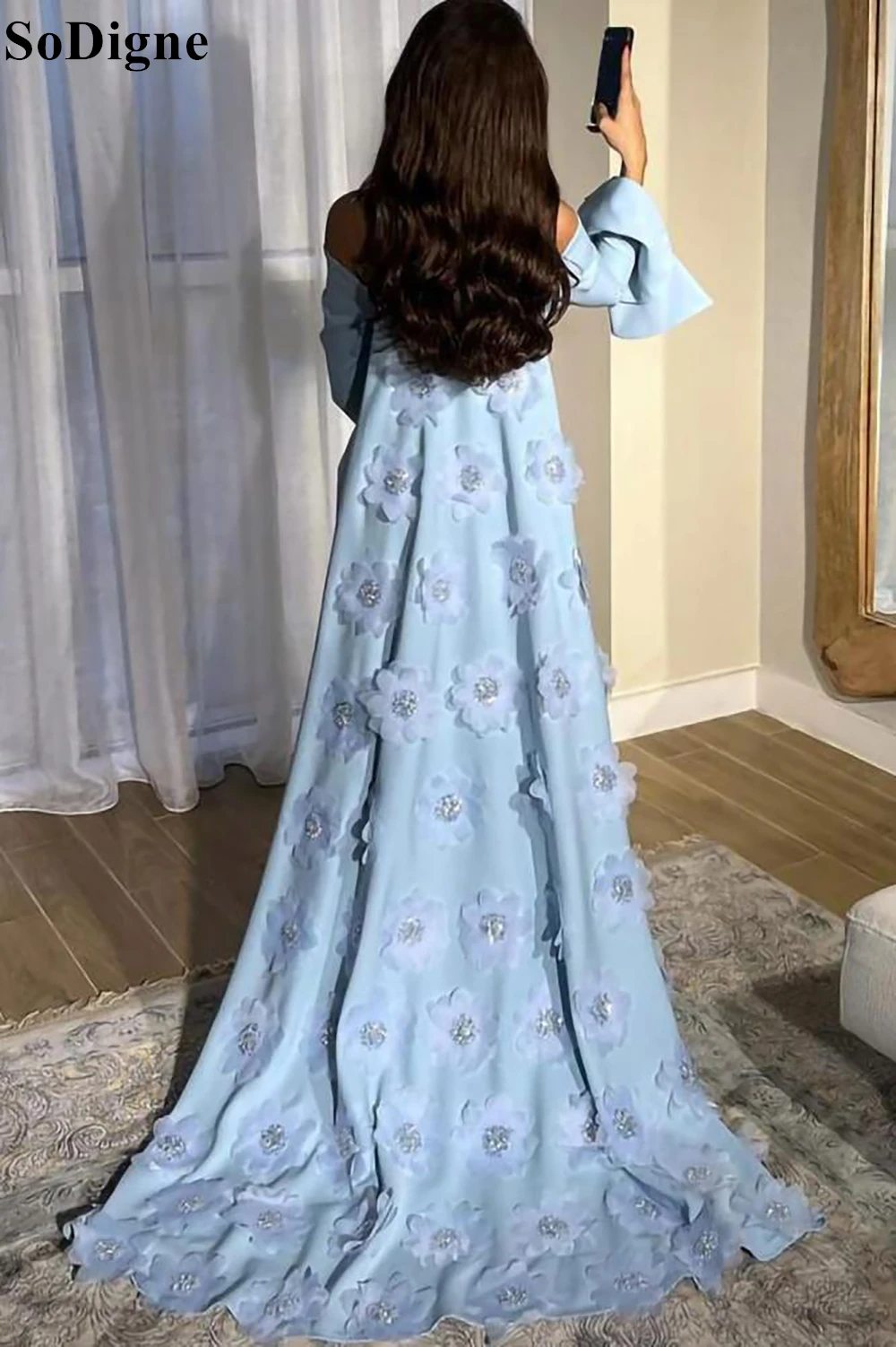 SoDigne Elegant Sky Blue Evening Dress Strapless Mermaid Side Slit Floral Appliques Modern Party Dress 2024 Prom Gowns for Women