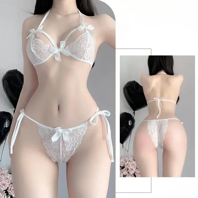 Bow Girl Romantic Lace Up Ultra-thin Comfortable Lingerie Sexy Temptation Stockings Gathered Bra Panties Female Nightwear Set
