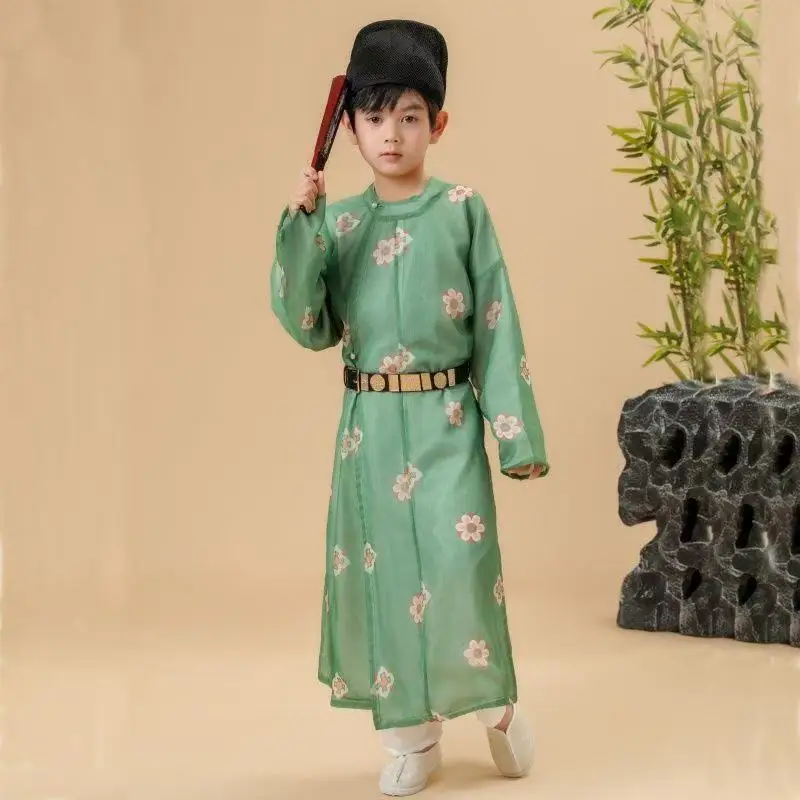 Estilo palácio de verão crianças hanfu tradicional chinês em torno do pescoço robe respirável fino verde palco mostrar roupas meninos tang terno