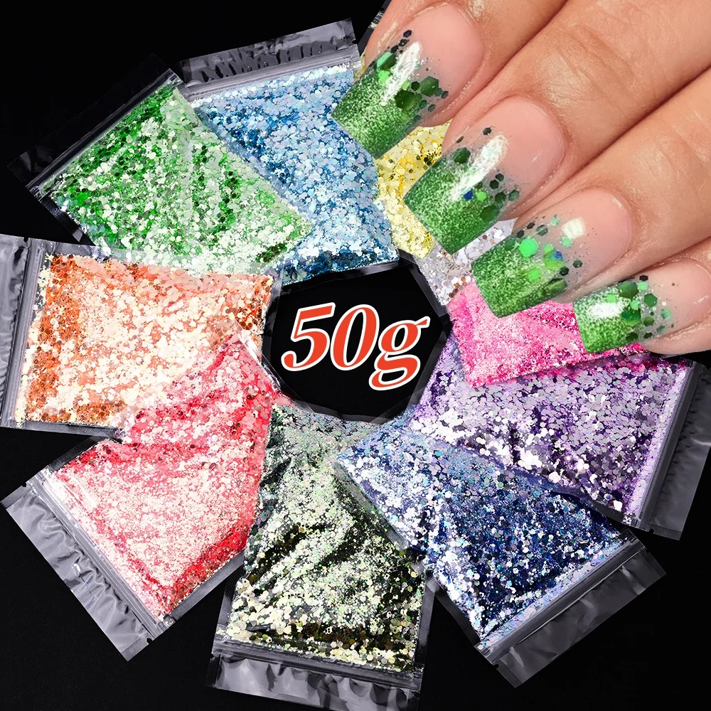 50g Iridescent Hexagon Nail Art Glitter Holographic Colorful Sparkly Flakes Nail Crafts Epoxy Resin Fillers for DIY Nail Supply*