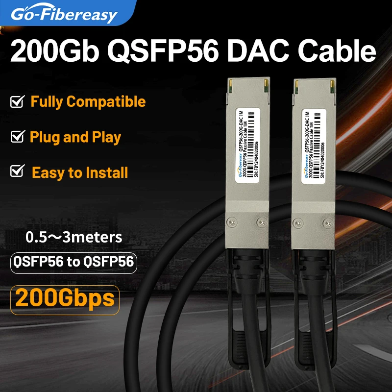 

200G QSFP56 DAC Cable 0.5m,1m,2m,3m 200Gb/s QSFP56 to QSFP56 Passive Direct Attach Copper Twinax Cable For Cisco/Dell/Mellanox