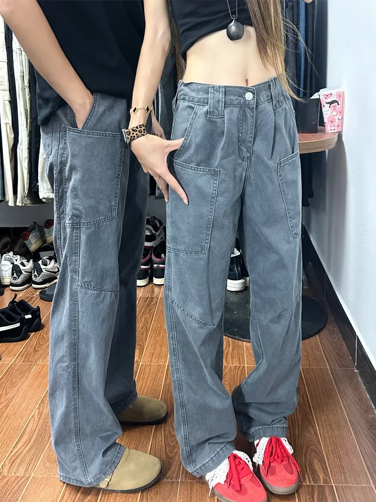 Deep Grey American Retro Knife  Men's Workwear Jeans High Street Cleanfit Flared Washed Denim Pants Loose Fit Straight Leg