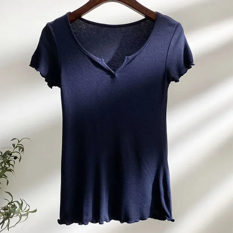 Women's White V-Neck Frayed Hem Short-Sleeve Fitted T-Shirt Soft Elastic Casual Basic Top