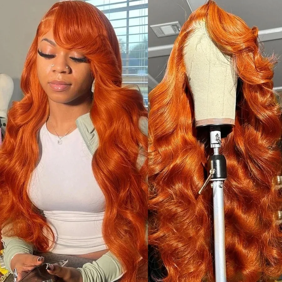 13x6 Ginger Orange 200 Density Body Wave Frontal Glueless Wigs Brazilian Virgin Hair Transparent Lace Preplucked Human Hair wigs