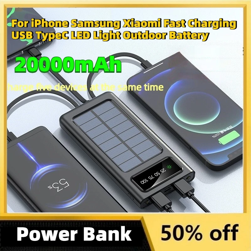 

High Capacity NEW 20000mAh 4in1 Solar Power Bank for IPhone Samsung Xiaomi Fast Charging USB TypeC LED Light Outdoor Battery