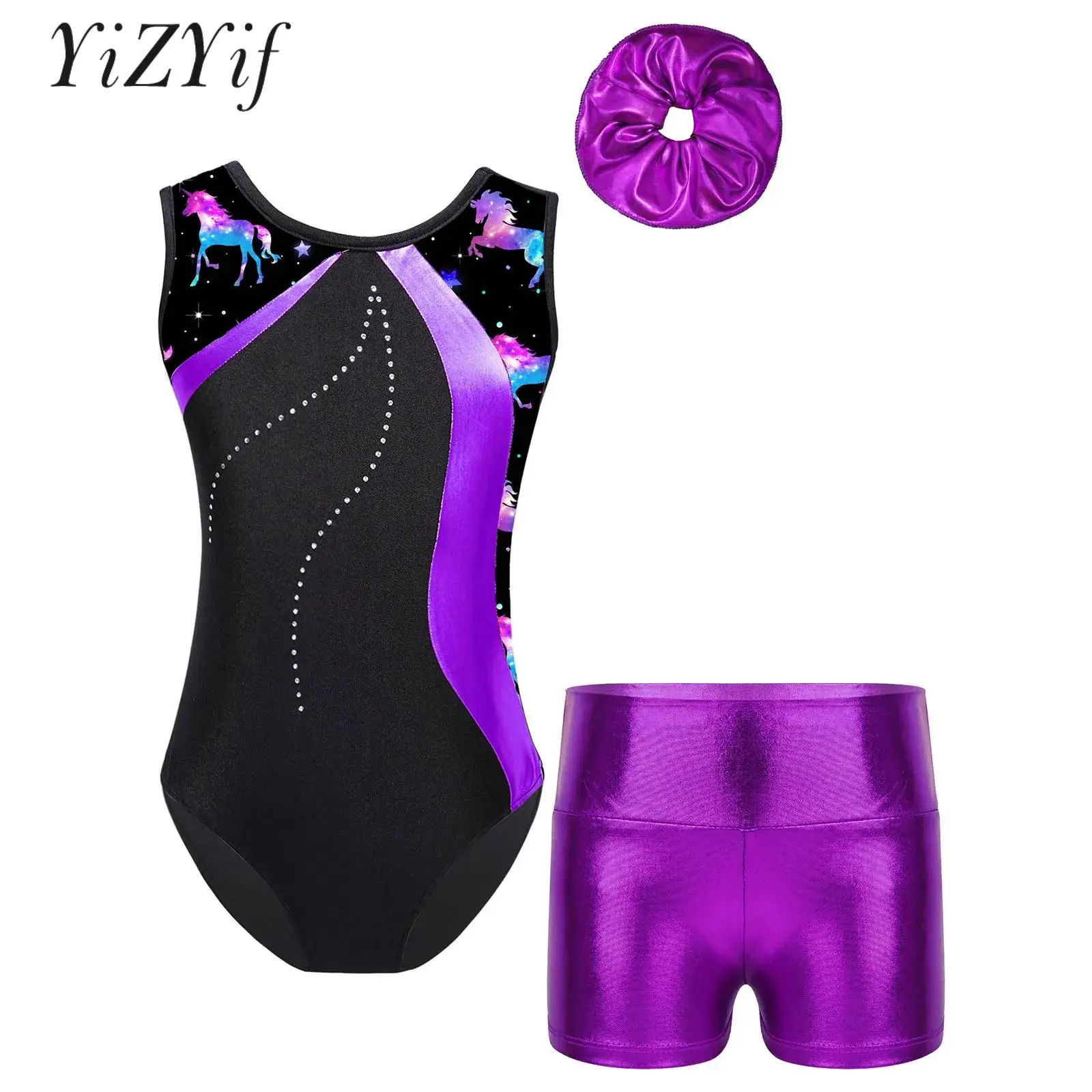 

Kids Girls 3Pcs/Set Shiny Unitard Ballet Dancewear Bodysuit Gymnastic Athletic Activewear Skaitng Performance Outfit Patchwork