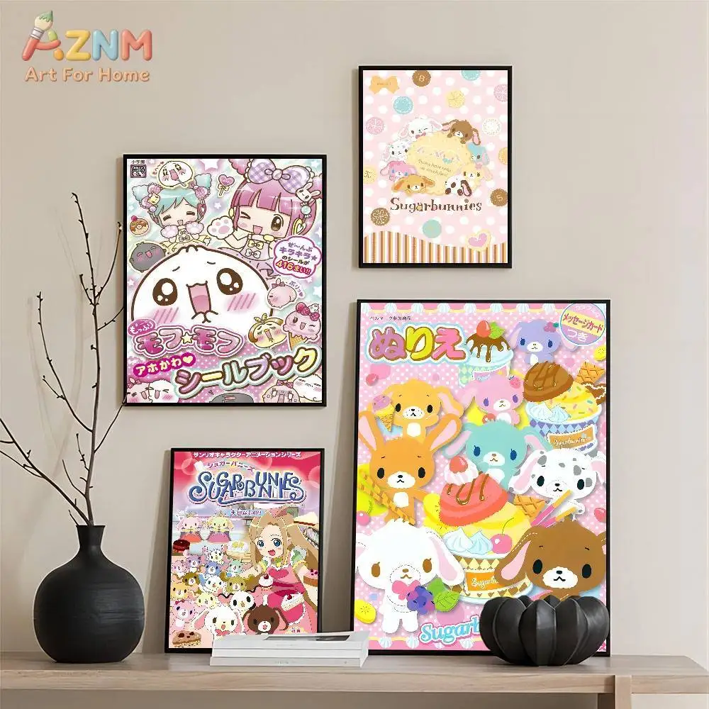 AZNM Sugarbunnies Kawaii Sanrio Characters Canvas Wall Art Print, Cute Japanese Anime Magazine Cover Style Poster for Girls Kids