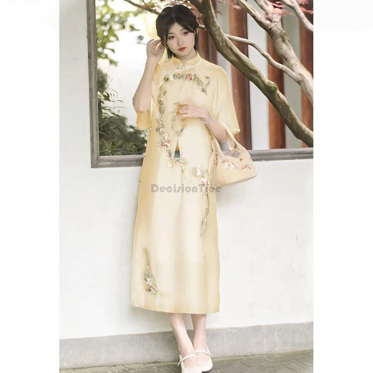 

2024 summer elegant casual daily qipao dress chinese characteristic exquisite floral embroidery cheongsam loose thin split dress