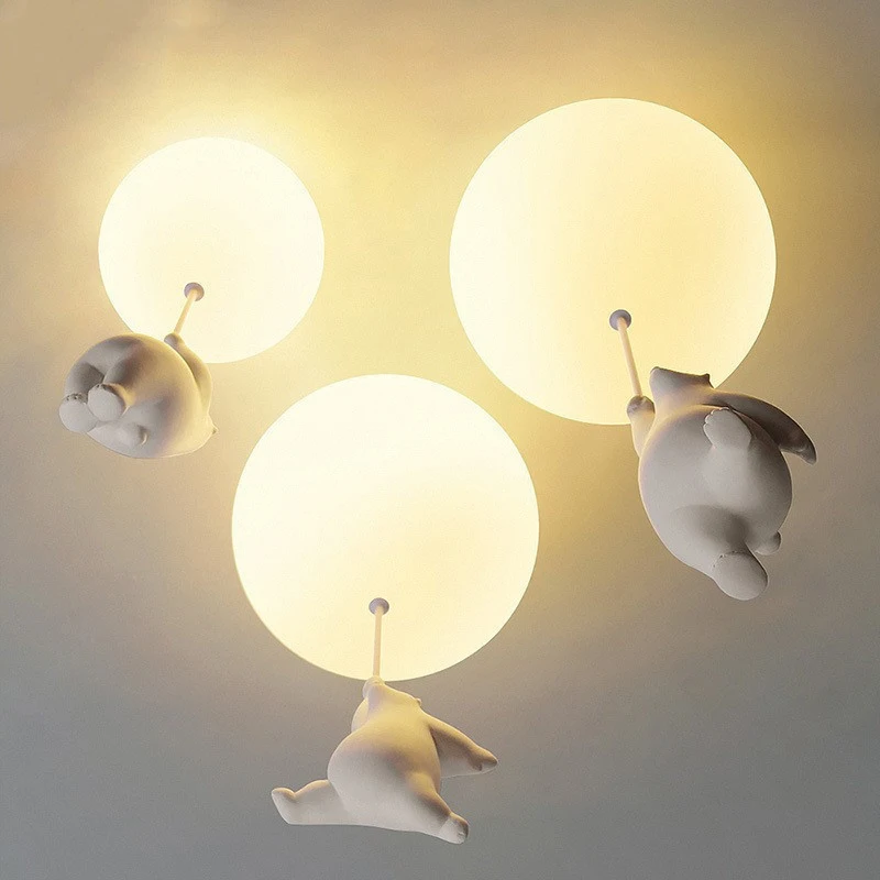 Cartoon Bear LED Ceiling Lights Glass Ball Pendant Lamps Kids Bedroom Nursery Creative Polar Bear Theme Hote Balloon Lighting