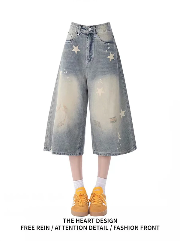 

Retro American Star Print Denim Shorts Women's Summer New Loose Super Popular Seven Eight Parts Pants High Waist Casual Jeans