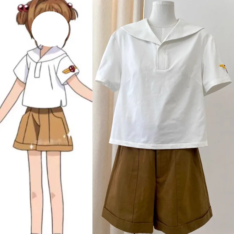 

Anime KINOMOTO SAKURA Cosplay Costume White Top Brown Pants Suit for Women Girls Halloween JK Unifrom Carnival Party Outfit