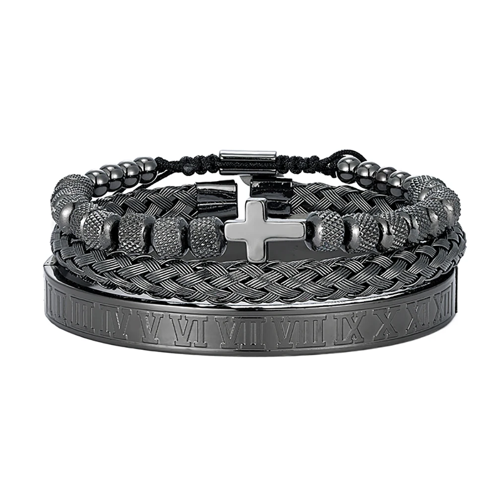 Men's 3Pcs Roman Numeral Bangle Set Stainless Steel Cross Braided Leather Bracelet Punk Hiphop Adjustable Gift for Men Women