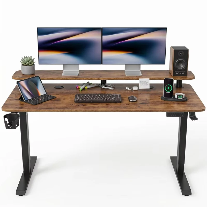 Adjustable Standing Desk Frame Two Tier Electric Lift Computer Table with Desk Shelf for Office
