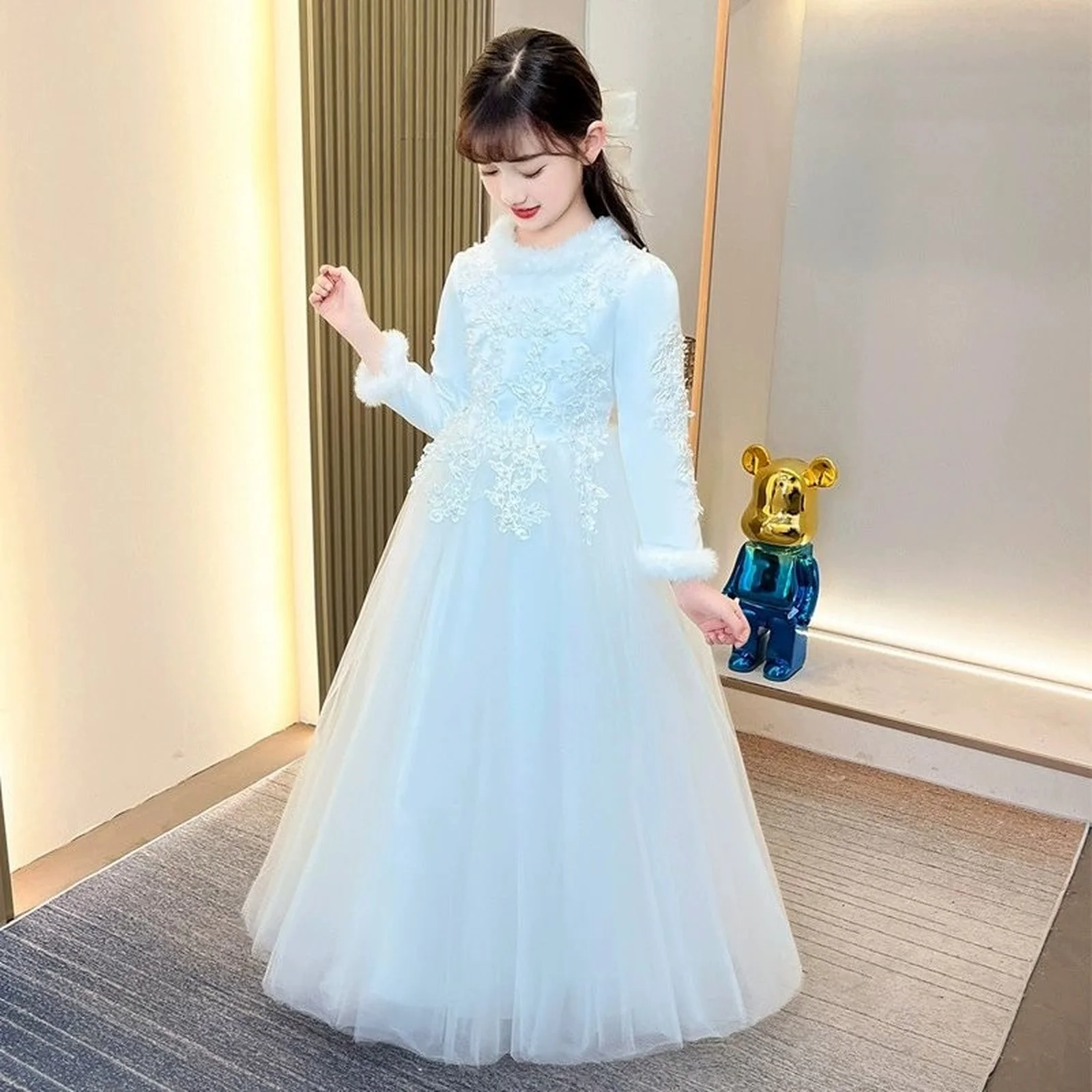 

4-14 Years Fashion Children Evening Dresses Mesh Lace Long Sleeve Warm Girls Princess Dress Winter Kids Bridesmaid Dresses