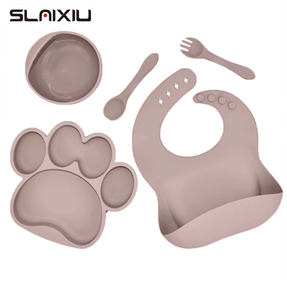 5PCS/Set Baby Silicone Tableware Sucker Bowl Plate Bibs Spoon Fork Set Children Non-slip Dinnerware Baby Feeding BPA Free