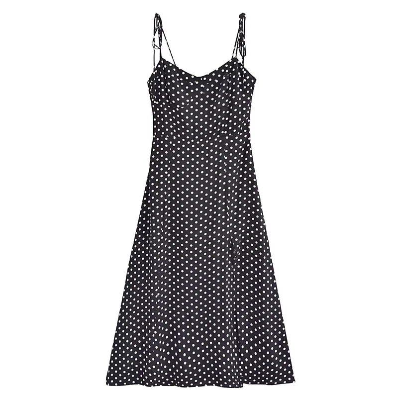 

YENKYE French Style Vintage Polka Dot Sling Dress Women Sexy Sleeveless Slit Hem A-line Summer Dresses Holiday Robe