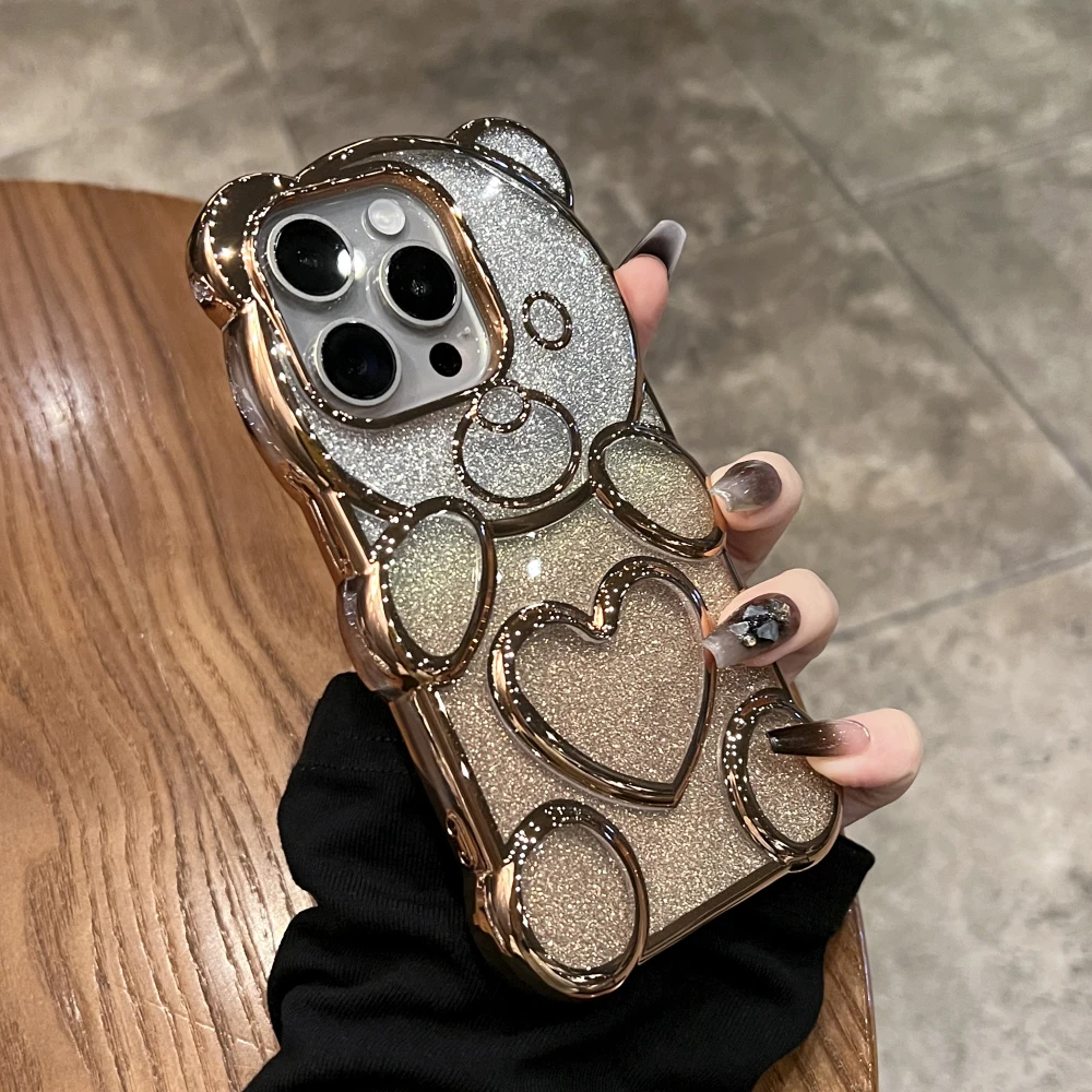 Luxury 3D Love Heart Bear Taansparent Glitter Gradient Case For iPhone 16 15 12 13 14 Pro Max Plating Shockproof Silicone Cover