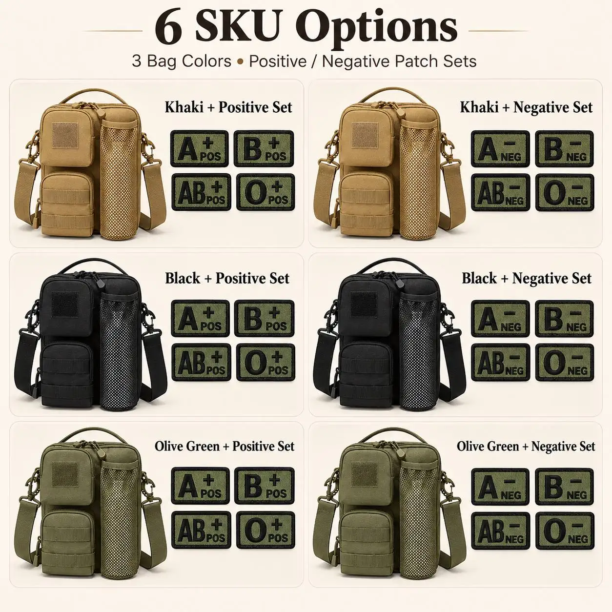 5pcs Crossbody Bag Set Multi Layer Outdoor Organizer 4 Removable Blood Type Patches Adjustable  Camping Hiking Travel Commute